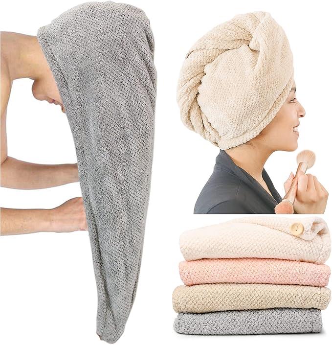 4 Pack Microfiber Hair Towel Wrap for Women Super Absorbent & Quick Dry Hair Drying Towels with Button, Hair Turbans for Curly Hair Long & Short Hair - Anti-Frizz