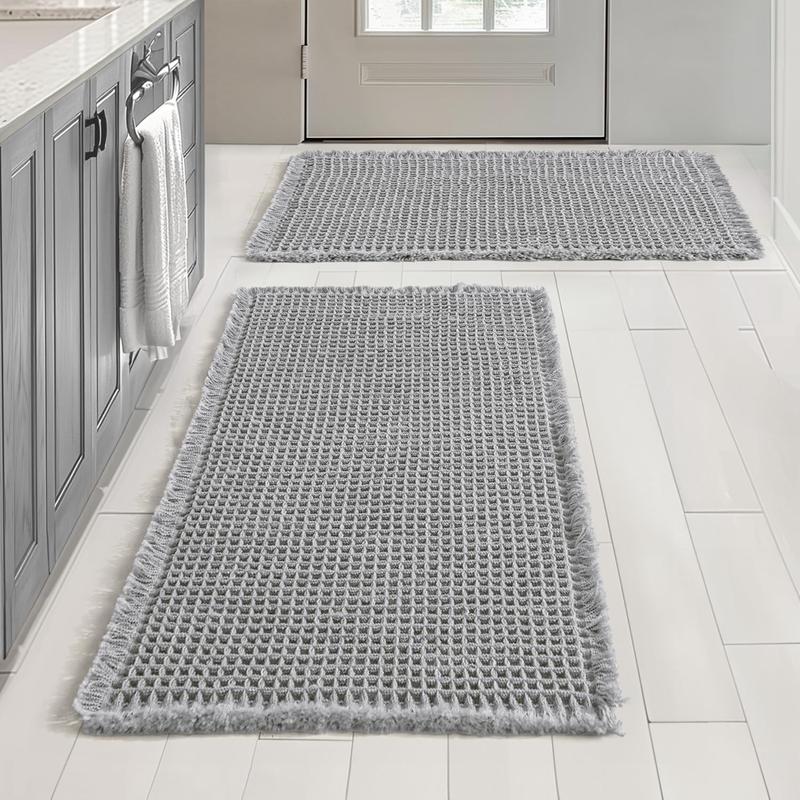 Set of 2 Waffle Bathroom Rugs, Boho Bath Rugs Non Slip Washable, Super Absorbent Bath Mats, Ultra Soft Rubber Backed Shower Mats for Bathroom Floor, Tub and Shower, Light Grey, 17x24 Inch