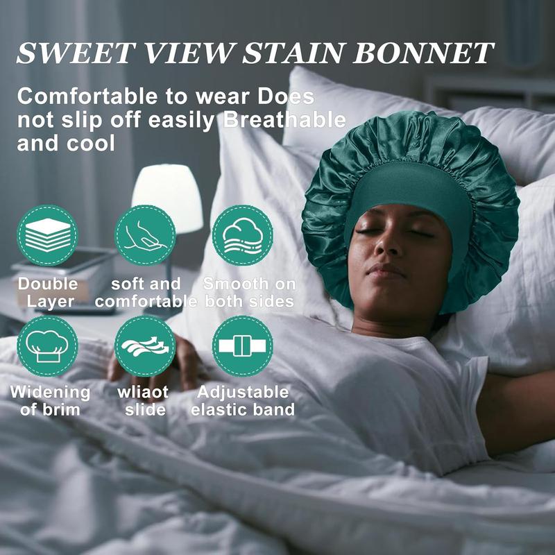 4PCS Silk Bonnet for Sleeping,Hair Satin Bonnets for Black Women Men,Hair Wrap Cap for Curly Hair,Elastic Wide Band Hair Bonnet Shower Cap for Sleeping (Black & Peacock Blue & Pink & Khaki)