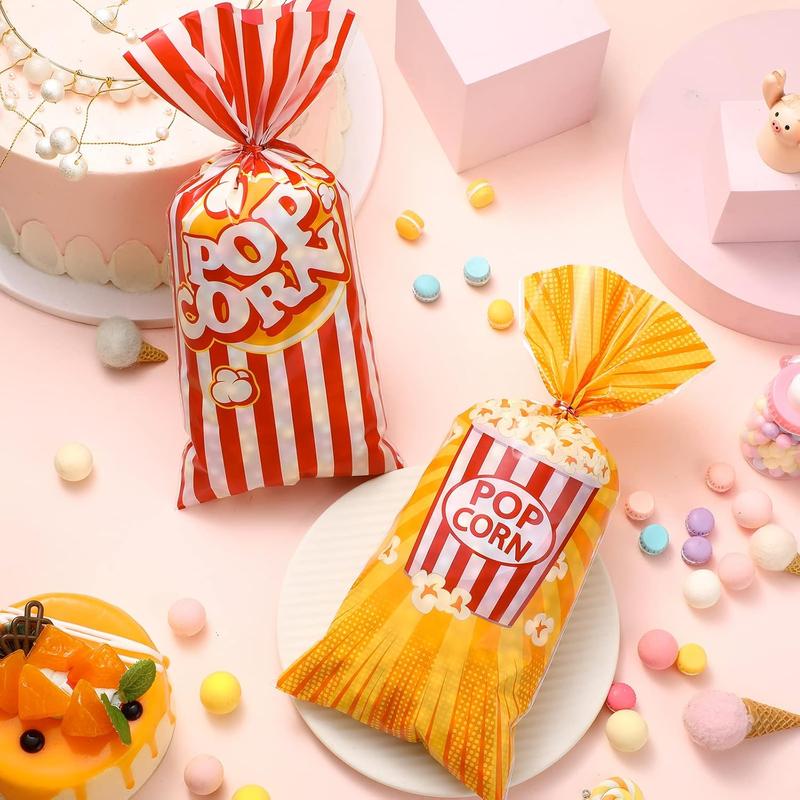 100 count Popcorn Bags for Party, Popcorn Treat Bags Set, 100 count Candy Bags Red White Stripe Cookie Snacks Bags with 150 Red Twist Ties for Circus Carnival Birthday Party Favor (Cute Style)