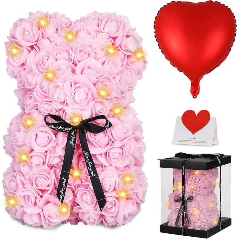 Charming Rose Bear Christmas Gift for Her - A Glowing Rose Teddy Bear. Ideal as a Girl's Birthday Present or a Romantic Gesture for Wives and Girlfriends, with a Transparent Box and Love Card.