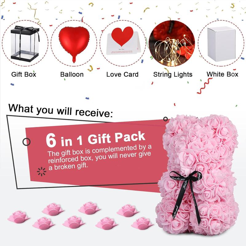 Charming Rose Bear Christmas Gift for Her - A Glowing Rose Teddy Bear. Ideal as a Girl's Birthday Present or a Romantic Gesture for Wives and Girlfriends, with a Transparent Box and Love Card.