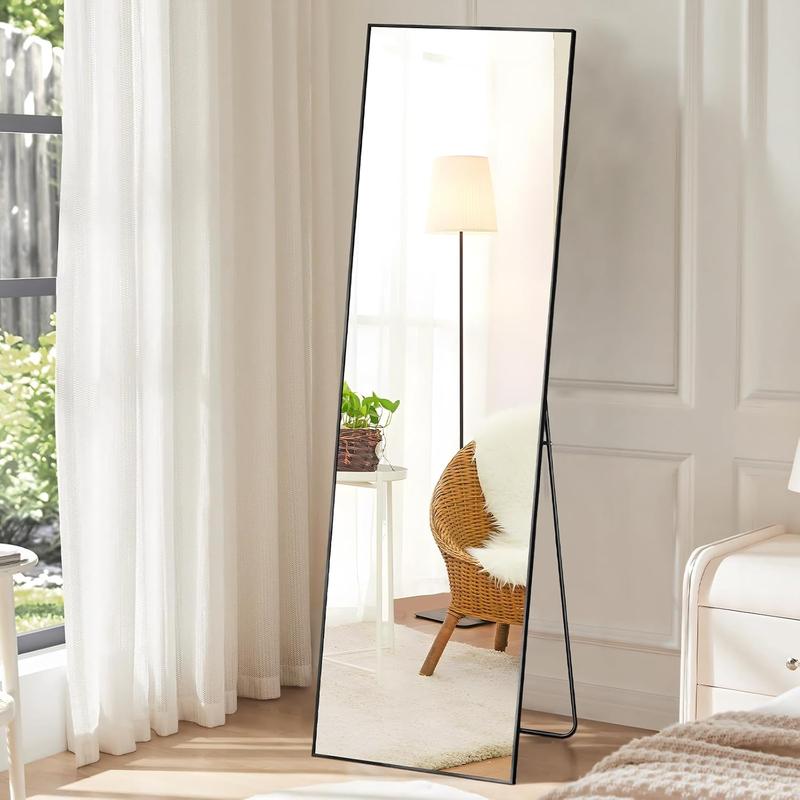 Full Length Mirror with Stand, 59''×16'' Floor Mirror with Aluminum Alloy Frame for Bedroom, Standing Full Body Mirror with Shatter-Proof Glass for Wall, Living Room, Cloakroom, Rect-Black gold