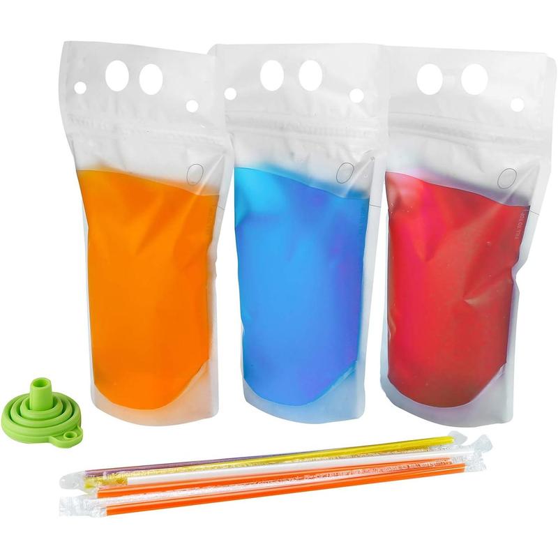 100PCS Liquor Pouches, Drink Pouches for Adults with Straw Smoothie Bags Juice Pouches with 100 Drink Straws, Heavy Duty Hand-Held Translucent Reclosable Ice Drink Pouches Bag,Suitable for Juice, Ice Water, Summer