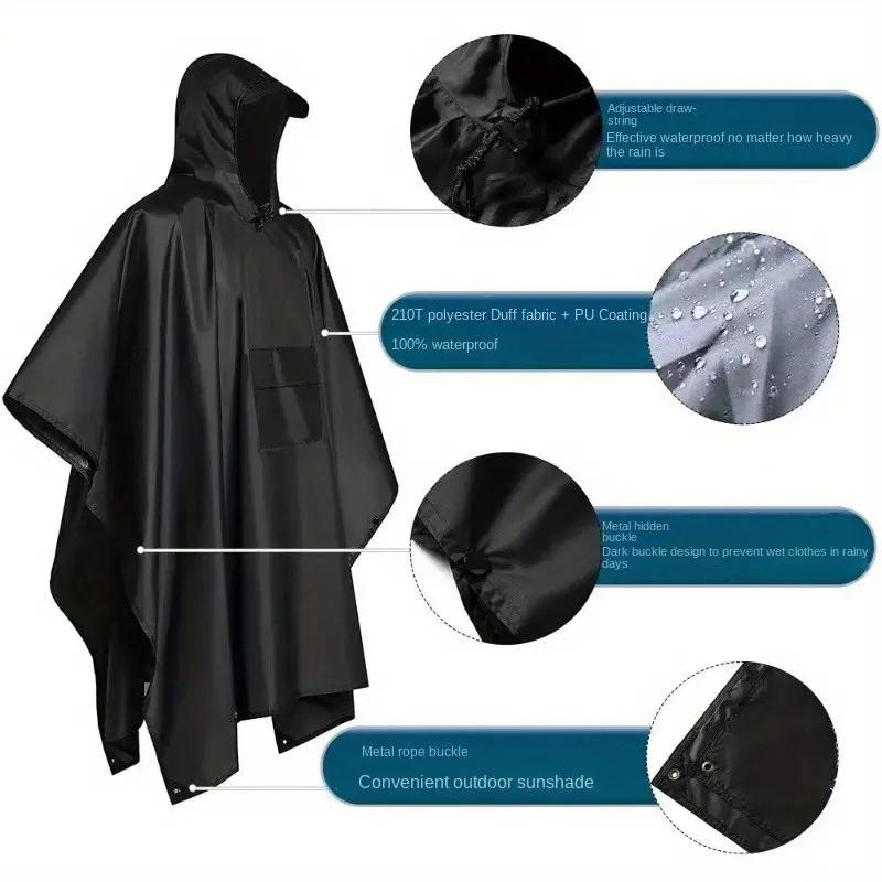 3-in-1 Hooded Rain Poncho Waterproof Raincoat Jacket For Camping Mountaineering, Multifunctional Poncho,Casual Solid unisex Waterproof Hooded Raincoat