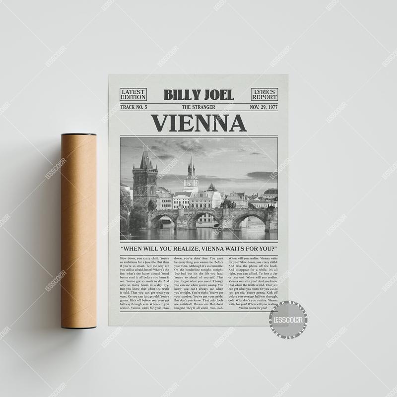 Billy Joel Retro Newspaper Print, Vienna Poster, Vienna Lyrics Print, Billy Joel Poster, The Stranger Poster, No frame.