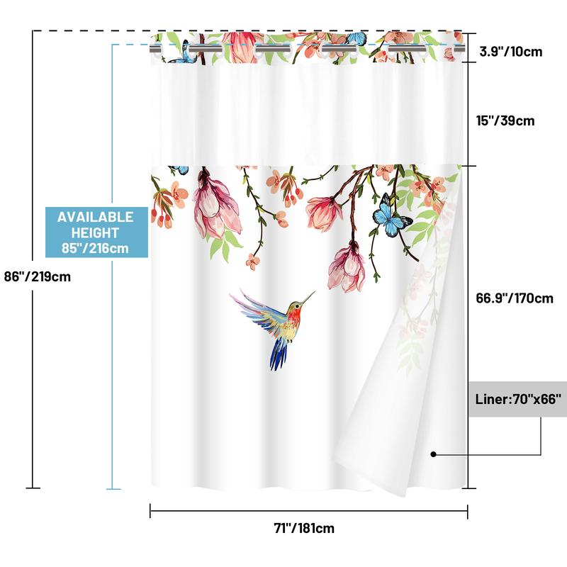 PUNKRAY No Hook Shower Curtain with Snap in Liner - Watercolor Floral Shower Curtain - Fabric Waterproof Inner Liner, Plants Flowers White Cloth Shower Curtains Washable, 71 x 74 Inch