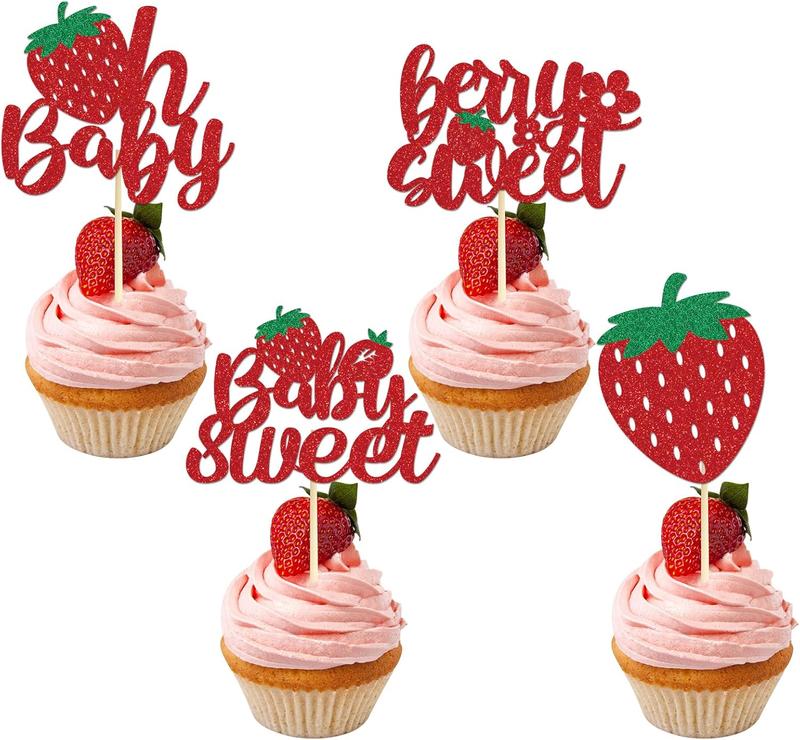 Strawberry Oh  Cupcake Toppers - 36 count Glitter Strawberry Shortcake Decorations Strawberry  Shower Decorations  Sweet Cupcake Toppers Strawberry Shortcake  Shower Cupcake Decor