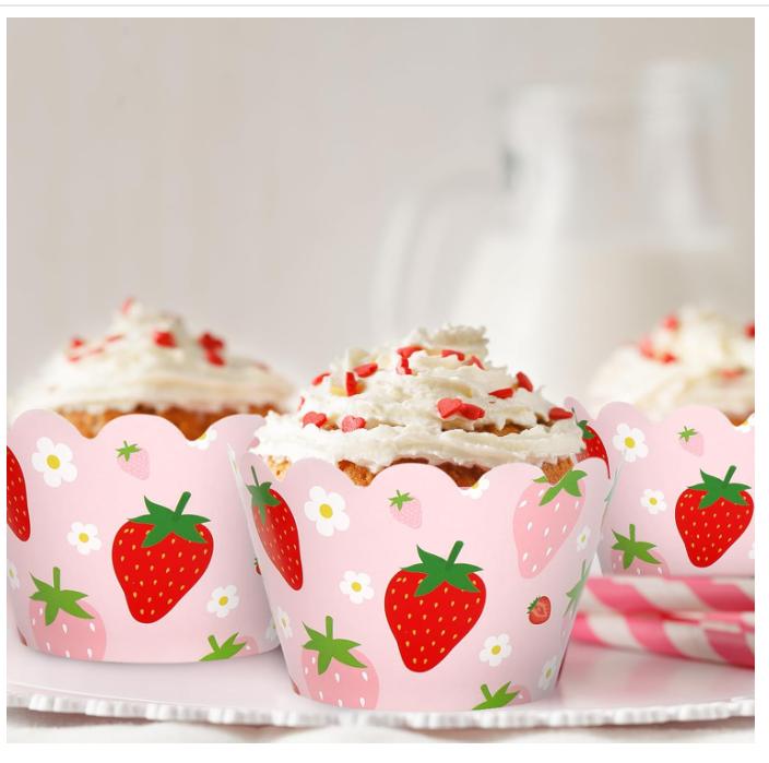 36Pcs Strawberry Cupcake Wrappers Red Pink Strawberry Flower Cupcake Liners Decorative Cupcake Holders for Birthday Baby Shower Party Cake Decoration