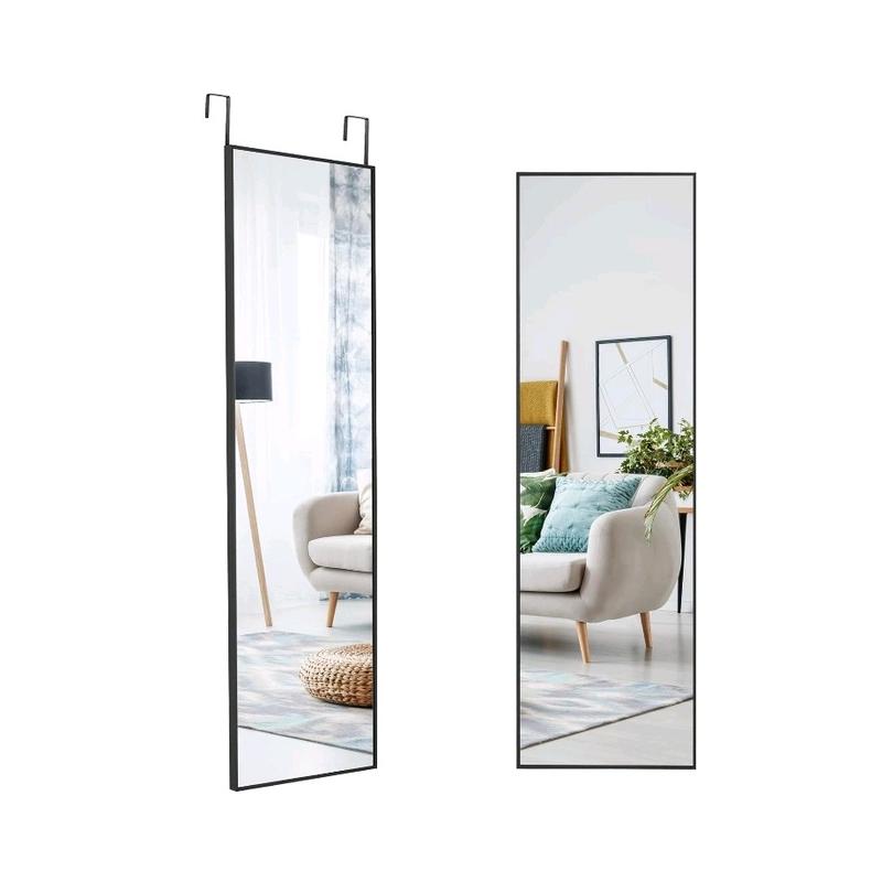 Full Length Mirror, Wall Mounted Floor Mirror with Hooks for Bedroom, Living Room, Dining Room, Kitchen, Bathroom, Entryway, 13.7 x 48 Inches, Black