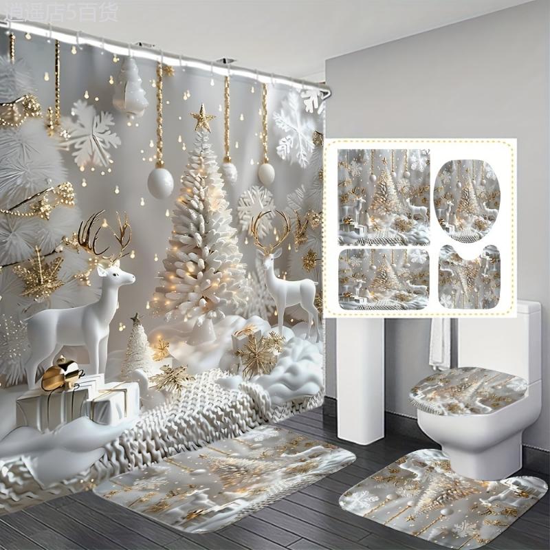 Snowman Shower Curtain - Christmas Snowmen Animal Design Shower Curtain Set - Waterproof, Digital Printed, Polyester - Bathroom - Christmas Enthusiasts, Home Adornment - Festive and Functional, Easy to Clean - Winter Wonderland Bathroom Del