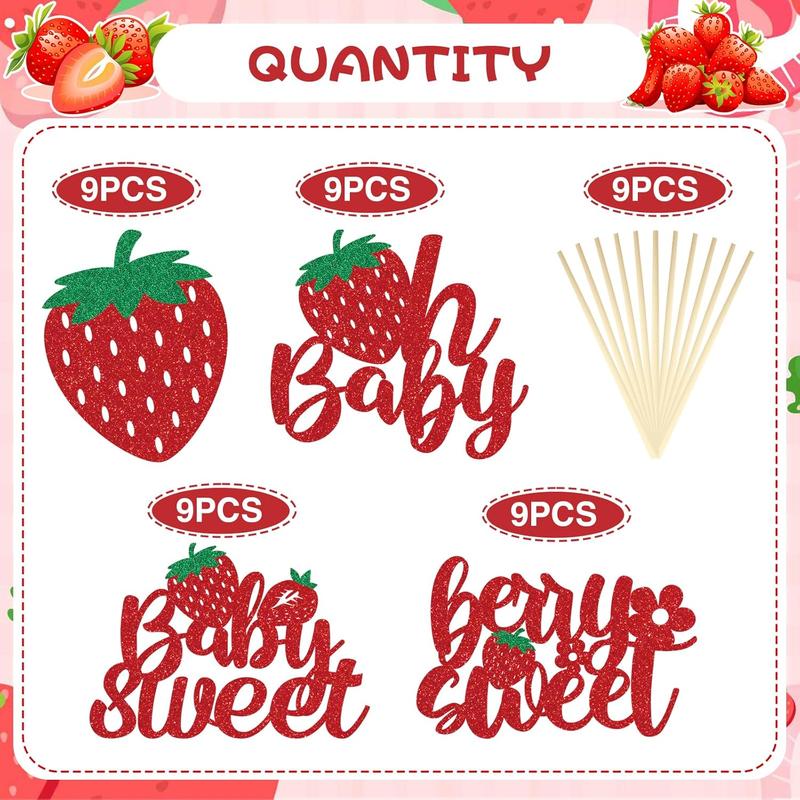 Strawberry Oh  Cupcake Toppers - 36 count Glitter Strawberry Shortcake Decorations Strawberry  Shower Decorations  Sweet Cupcake Toppers Strawberry Shortcake  Shower Cupcake Decor