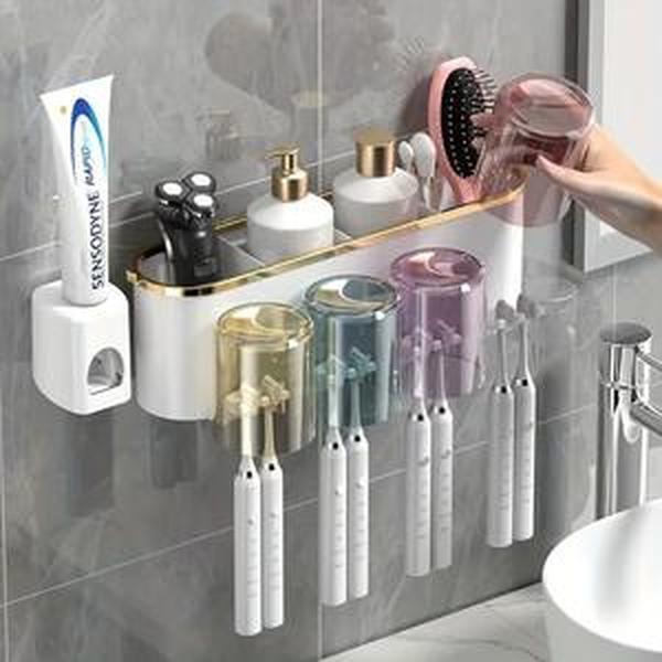 Wall-mounted Toothbrush Storage Box with Toothpaste Dispenser and Mouthwash Cup, Space-saving Bathroom Accessories