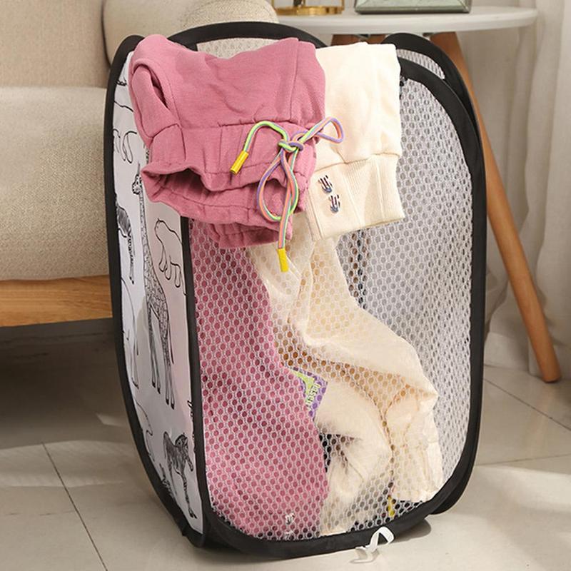 Foldable Mesh Clothes Storage Basket, Summer Cartoon Animal Print Dirty Clothes Basket, Laundry Basket, Household Storage Organizer for Bathroom, Bedroom, Dorm Essentials, Home Organizer Supplies, Christmas Gift