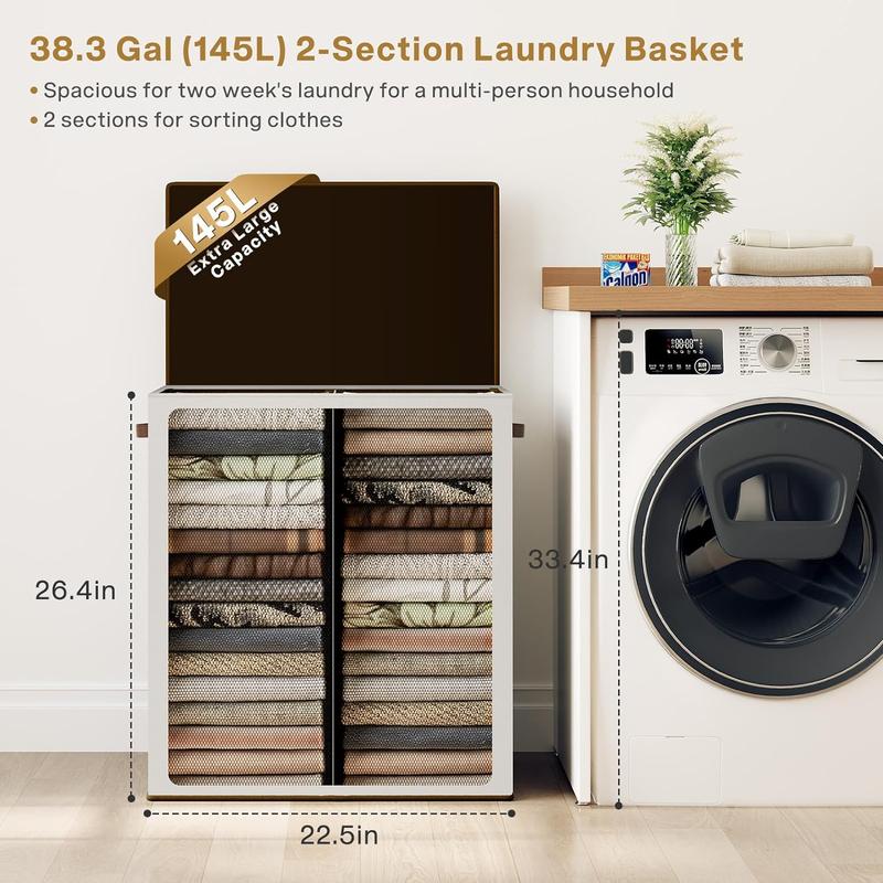 [Summer Sale] SOLEDI Double Laundry Hamper with Lid and Removable Laundry Bags, Large Hamper for Laundry, Laundry Basket 2 Sections, Collapsible Laundry Baskets for Bedroom, Laundry Room, Bathroom, Off-white Organiser