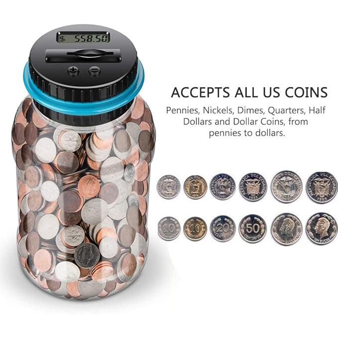 Large Piggy Bank,Digital Coin Bank,Digital Coin Counting Bank with 1.8L Capacity, Great Coin Bank Money Jar for Adults Kids with Saving Goals,Bank for All US Coins (Blue),Powered by 2AAA Battery (Not Included)