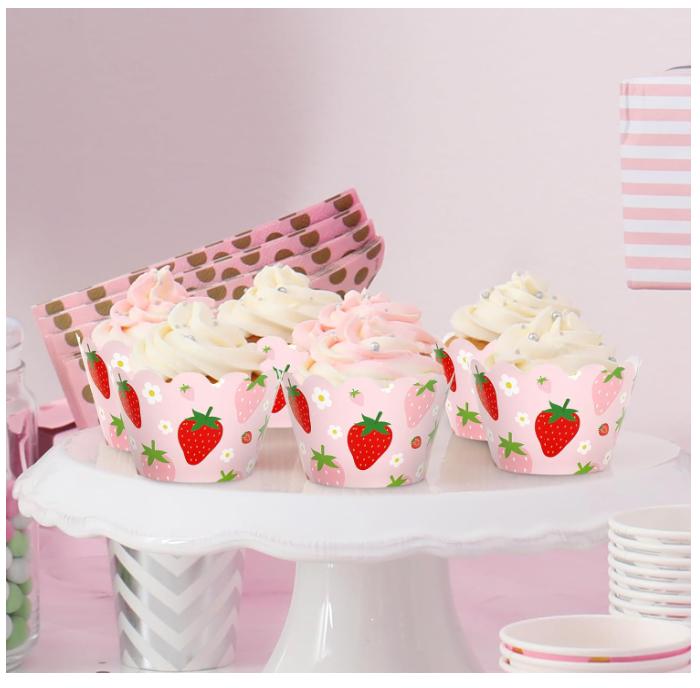 36Pcs Strawberry Cupcake Wrappers Red Pink Strawberry Flower Cupcake Liners Decorative Cupcake Holders for Birthday Baby Shower Party Cake Decoration