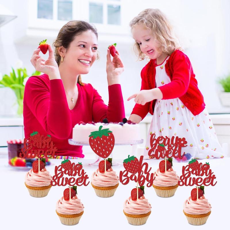 Strawberry Oh  Cupcake Toppers - 36 count Glitter Strawberry Shortcake Decorations Strawberry  Shower Decorations  Sweet Cupcake Toppers Strawberry Shortcake  Shower Cupcake Decor