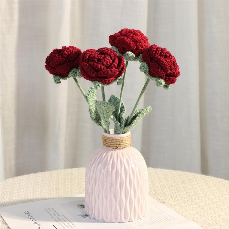 Handmade Knitted Rose, Summer Home Decor Diy Artificial Rose Faux Flowers, Decorative Flower without Vase, Diy Decorative Flowers Bouquet Ornaments for Flower Vase, Room  Flower Arrangement Decor, Bedroom Decor, Fall Decor, Men Gifts