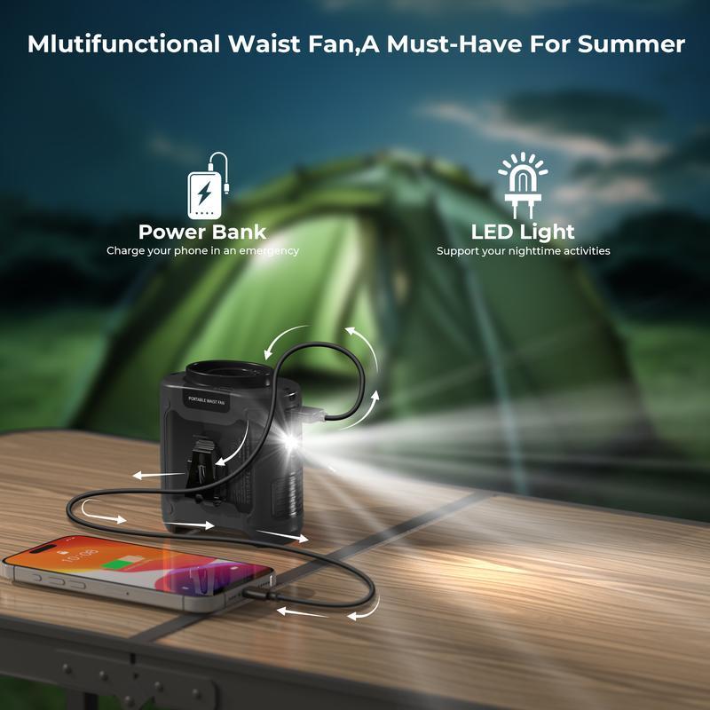 Portable Fan, USB Rechargeable Handheld Cooling Fan with Waist Clip & LED Light & Power Bank, Portable Mobile Waist Fan, Battery Powered Fan with 5-speed for Outdoor Indoor Travel Camping, Back to School Gifts