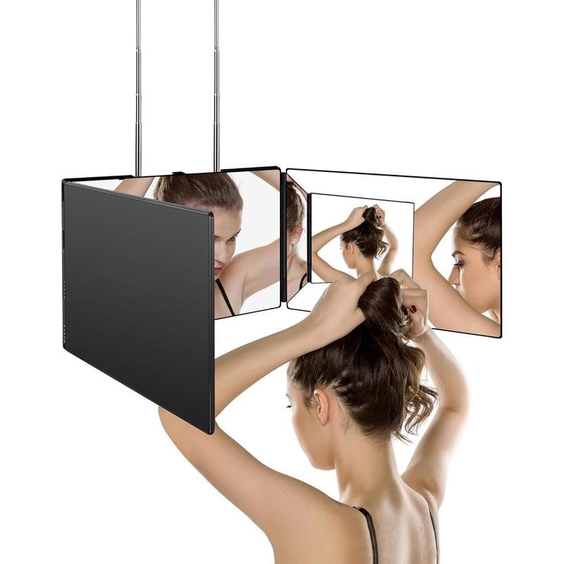 Foldable LED Light Up 3 Sided Makeup Mirror, Portable 3 Way LED Lighting Mirror for Self Hair Cutting, Wall Mounted or Door Hanging 360 Trifold Barber Mirror