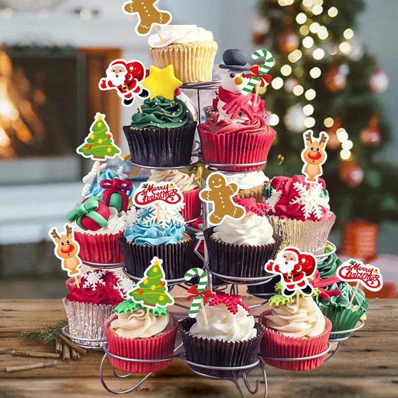 Christmas Themed Cupcake Topper, 24pcs set Cute Cartoon Cupcake Topper, Cake Decoration Supplies for Home Party Holiday