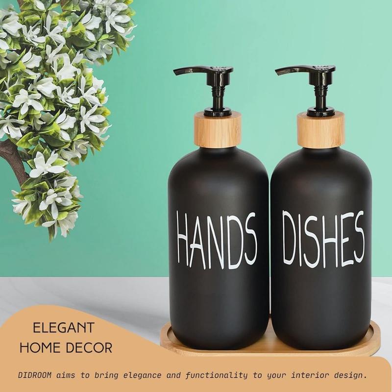 Glass Soap Dispenser Set. Hand Soap and Dish Soap Dispenser with Bamboo Tray. Vintage Soap Dispenser with Pump for Kitchen Sink and Bathroom. Stylish Label (Matte Black)