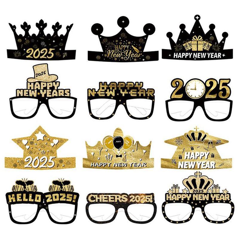 New Year 2025 Paper Eyeglasses & Headdress Set,  12 Pairs set Holiday Party Photo Props, Party Activities Decoration Supplies for Birthday New Year