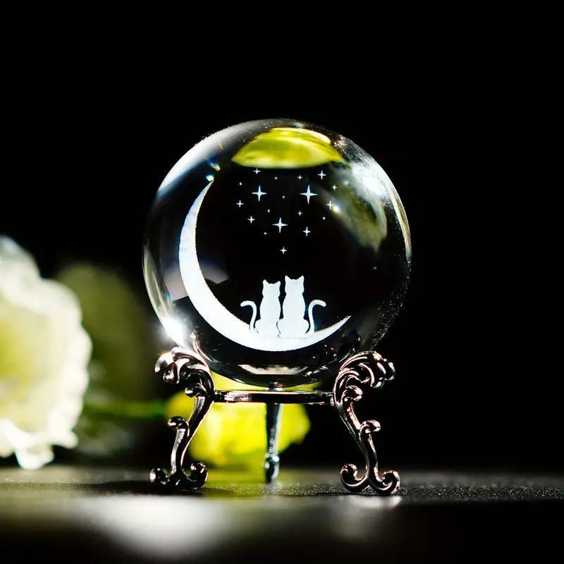 Cat & Moon Pattern Crystal Ball, 1 Count 3D Laser Engraved Crystal Ball with Silver Plated Stand, Home Office Tabletop Decor