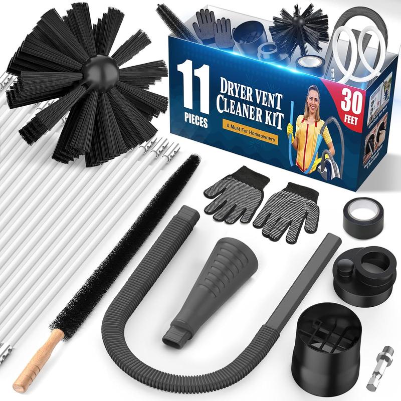 11-Piece Dryer Vent Cleaner Kit Omnidirectional Dryer Cleaning Kit Include 30 Feet Dryer Vent Brush, Black Dryer Lint Vacuum Attachment&Dryer Lint Trap Brush, Vacuum & Dryer Adapters