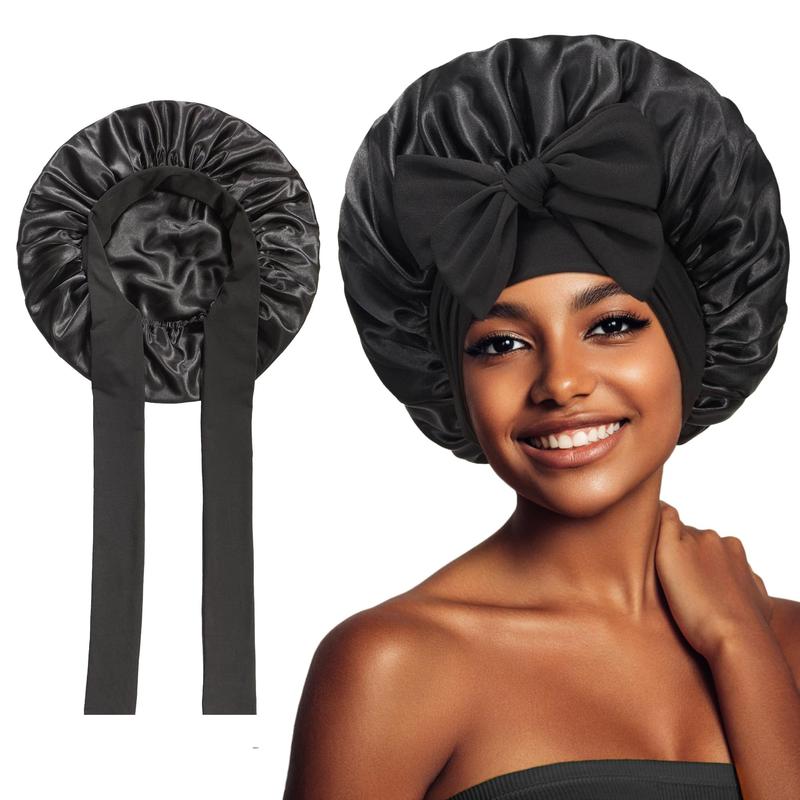 Black Color New Satin Sleeping Cap for Women Wide Elastic Band Shower Caps for Natural Long Curly Hair Bathroom Accessories