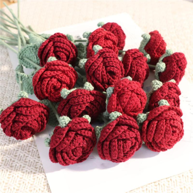 Handmade Knitted Rose, Summer Home Decor Diy Artificial Rose Faux Flowers, Decorative Flower without Vase, Diy Decorative Flowers Bouquet Ornaments for Flower Vase, Room  Flower Arrangement Decor, Bedroom Decor, Fall Decor, Men Gifts