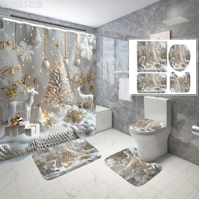 Snowman Shower Curtain - Christmas Snowmen Animal Design Shower Curtain Set - Waterproof, Digital Printed, Polyester - Bathroom - Christmas Enthusiasts, Home Adornment - Festive and Functional, Easy to Clean - Winter Wonderland Bathroom Del