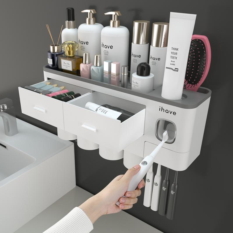 iHave Toothbrush Holders for Bathrooms, 4 Cups Toothbrush Holder Wall Mounted with Toothpaste Dispenser - Large Capacity Tray, 2 Cosmetic Drawer - Bathroom Organizer & Bathroom Accessories Set