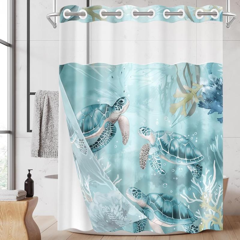 No Hook Nautical Teal Sea Turtles Shower Curtain with Snap in Fabric Liner Set, Ocean Beach Double Layers Waterproof Fabric with See Through Top Window Open Grommet Bath Curtain 71x74 Inch