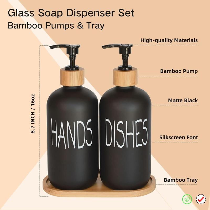 Glass Soap Dispenser Set. Hand Soap and Dish Soap Dispenser with Bamboo Tray. Vintage Soap Dispenser with Pump for Kitchen Sink and Bathroom. Stylish Label (Matte Black)