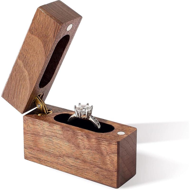 Wooden Engagement Ring Box Small Slim Flat Ring Case for Proposal,Wedding