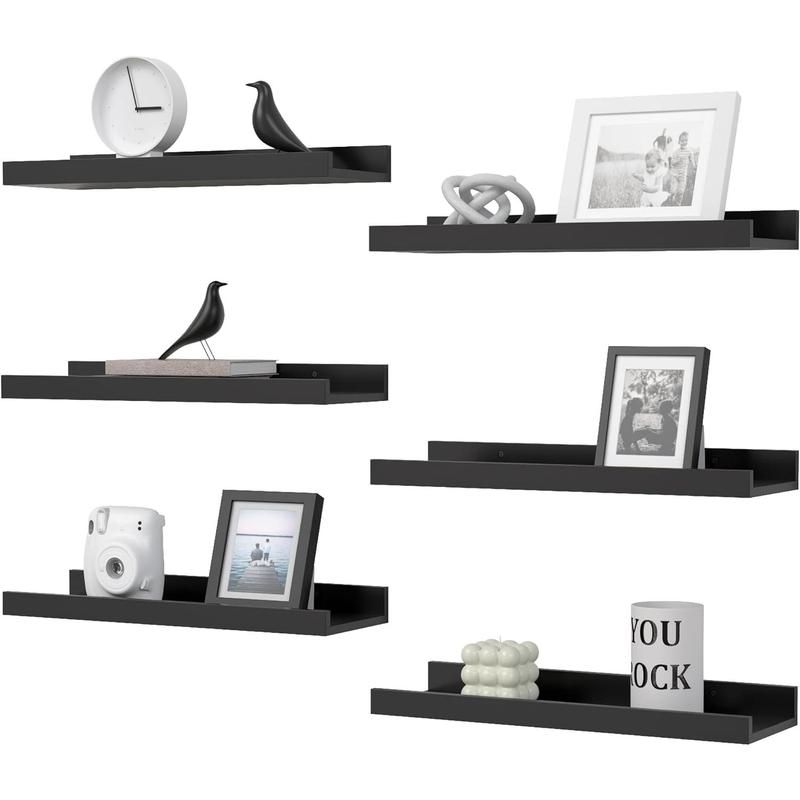 Floating Shelves Set of 6, Black Wall Shelves with Lip, Display Shelves for Wall Decor, Modern Picture Ledge for Living Room, Bedroom, Nursery, Bathroom, Pictures, Books, Plants- Black