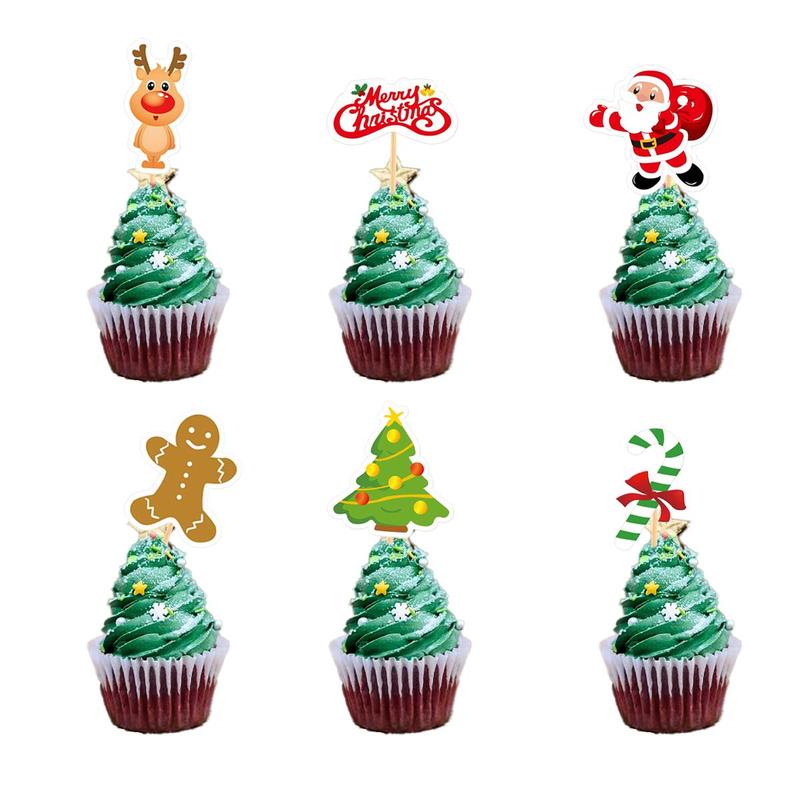 Christmas Themed Cupcake Topper, 24pcs set Cute Cartoon Cupcake Topper, Cake Decoration Supplies for Home Party Holiday