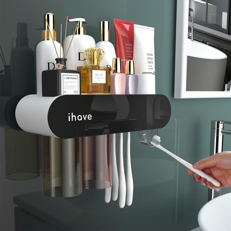 iHave Toothbrush Holders, 2 Cups Toothbrush Holder Wall Mounted with Toothpaste Dispenser Bathroom Accessories