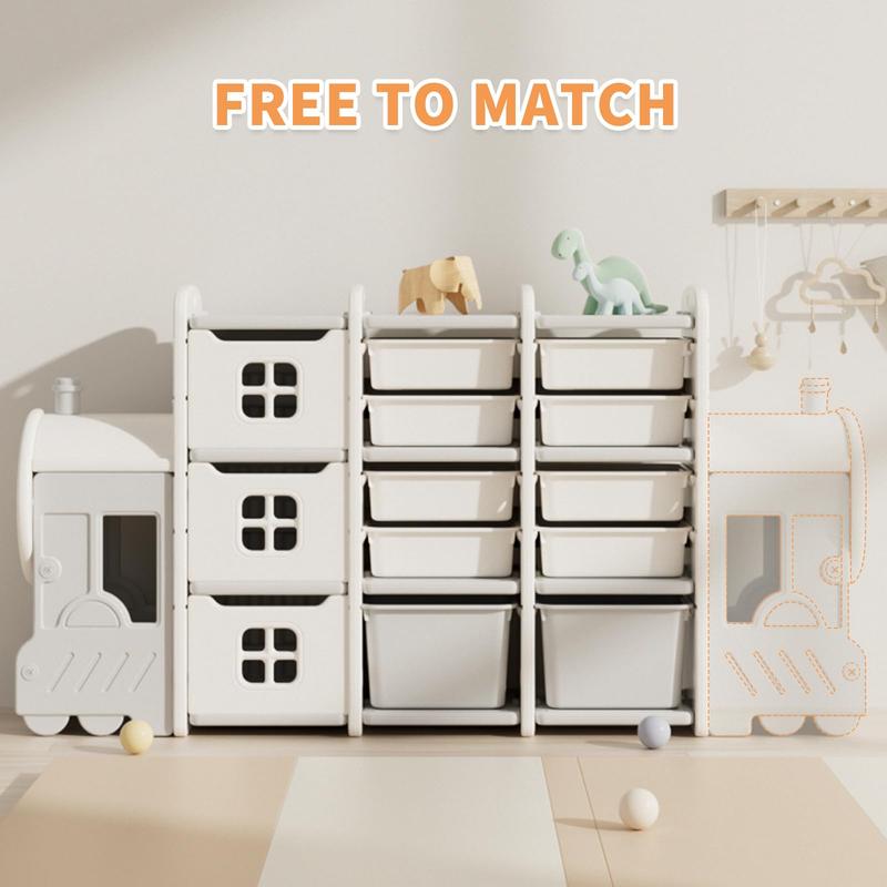 Kids Toy Storage Organizer 10 Removable Toy Bins 3 Cabinets, Multi-Purpose Toy Organizers and Storage, Enclosed Cabinets, Pull-Out Drawers, Kids Toy Storage for Playroom, Nursery, Bedroom