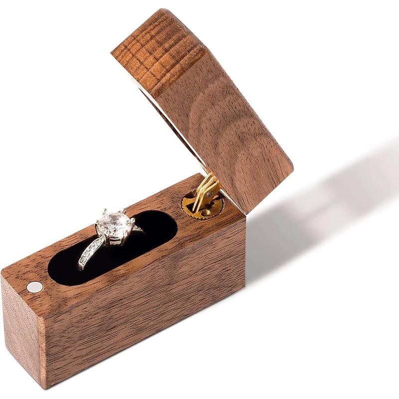 Wooden Engagement Ring Box Small Slim Flat Ring Case for Proposal,Wedding