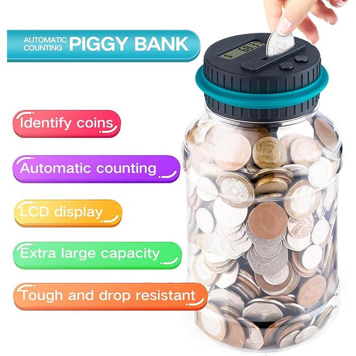 Large Piggy Bank,Digital Coin Bank,Digital Coin Counting Bank with 1.8L Capacity, Great Coin Bank Money Jar for Adults Kids with Saving Goals,Bank for All US Coins (Blue),Powered by 2AAA Battery (Not Included)