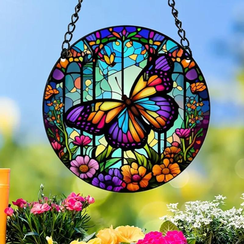 Butterfly Pattern Hanging Decor, Waterproof Round Hanging Ornament with Rope, Hanging Decor for Home Garden Party