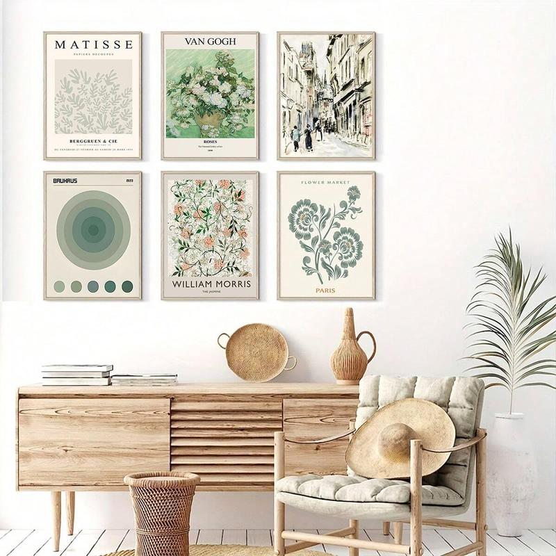 Unframed Sage Green Master Wall Art Prints for Room Decor, 6 Counts set Abstract Matisse Wall Art Exhibition Posters, Boho Art Prints, Retro Aesthetic Home Decor, Wall Decor, Bedroom Decor, Fall Decor, Men Gifts