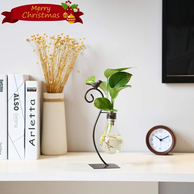 Desktop Glass Planter Hydroponics Vase,Planter Bulb Vase with Holder for Decoration,Modern Creative Bird Plant Terrarium Stand(Bulb Vase) Gift Iron