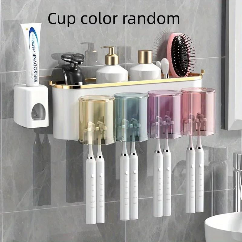 Wall-mounted Toothbrush Storage Box with Toothpaste Dispenser and Mouthwash Cup, Space-saving Bathroom Accessories