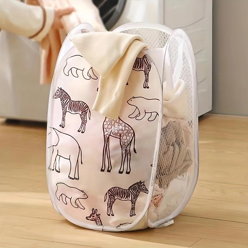 Cartoon Animal Pattern Laundry Basket, Foldable Mesh Laundry Basket with Handle, Household Storage Basket for Clothes, Towel, Laundry Accessories