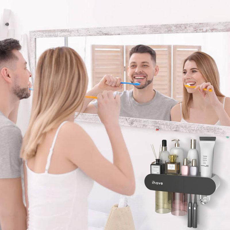 iHave Toothbrush Holders, 2 Cups Toothbrush Holder Wall Mounted with Toothpaste Dispenser Bathroom Accessories