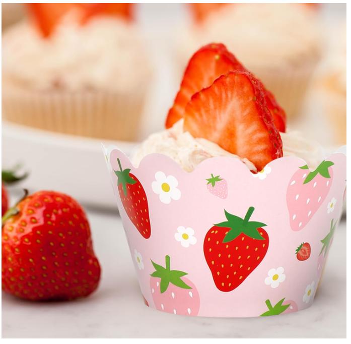 36Pcs Strawberry Cupcake Wrappers Red Pink Strawberry Flower Cupcake Liners Decorative Cupcake Holders for Birthday Baby Shower Party Cake Decoration